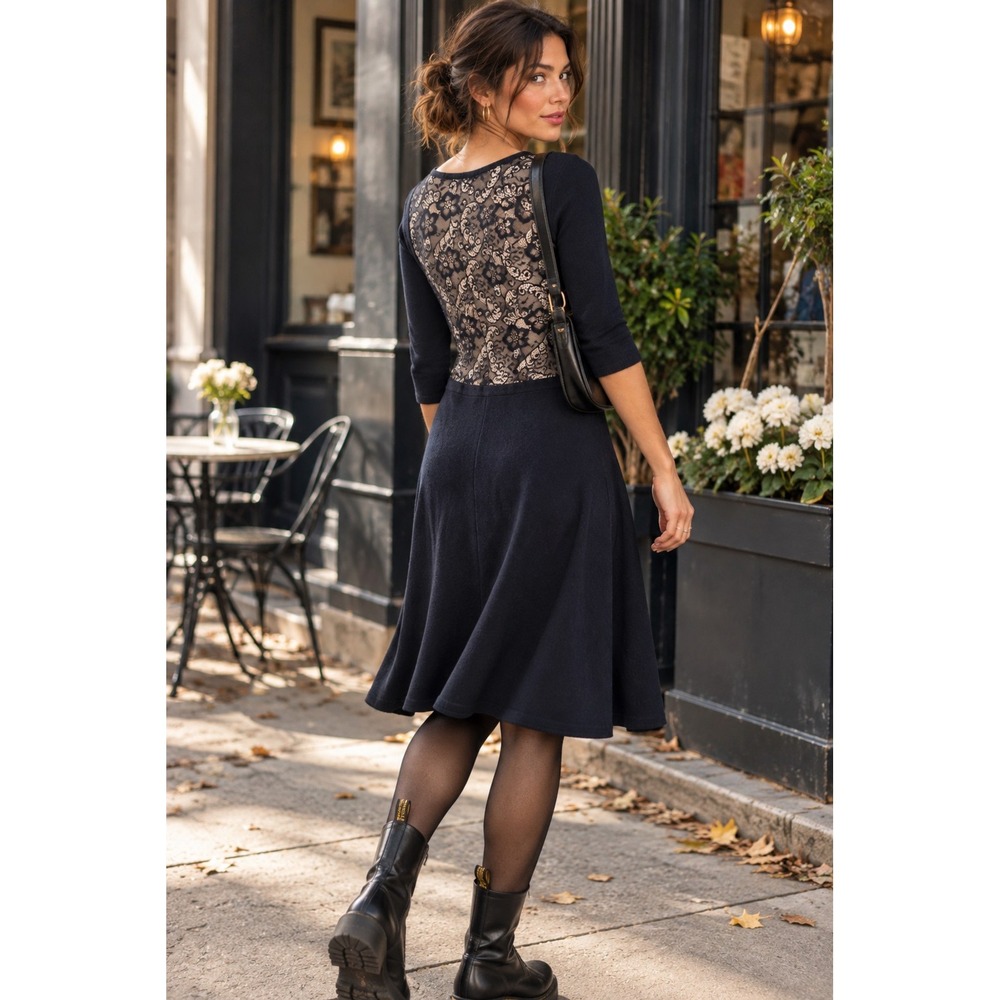 Betsey Johnson Black Lace Back Knit Fit & Flare Dress 3/4 Sleeve XS